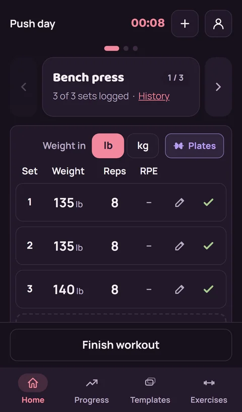 Logging bench press sets in RepBunny
